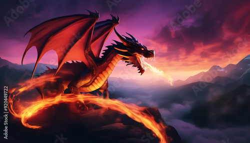 A fierce dragon exhaling fire against a twilight backdrop