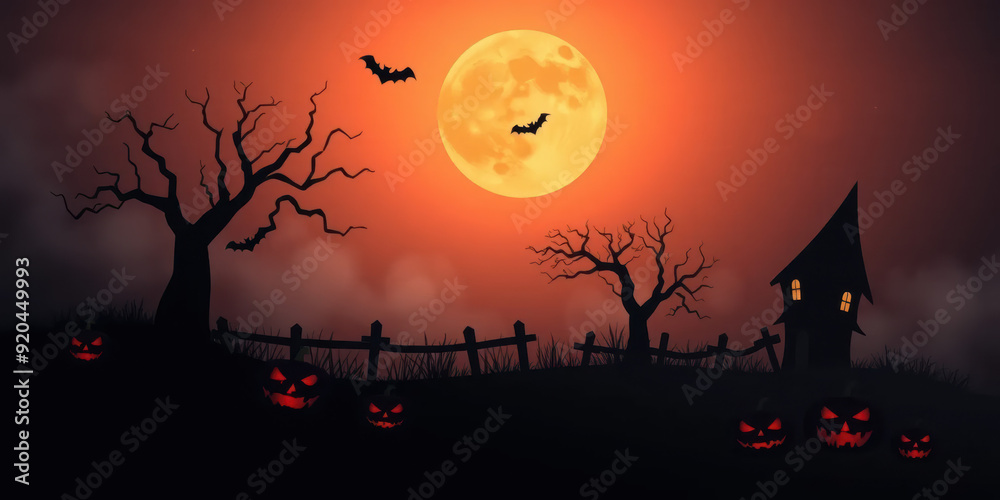 Halloween Night - Spooky Haunted House Silhouette Against Full Moon Halloween Night - Spooky Haunted House Silhouette Against Full Moon