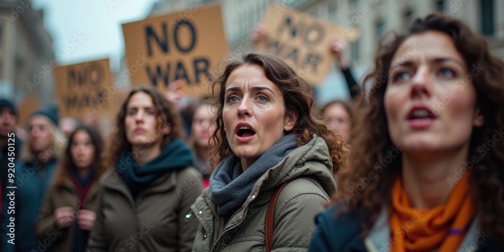 Anti-War Protest: Crowd of People Holding Signs Saying No War, Demonstrating for Against  Against Conflict, Peaceful Protest