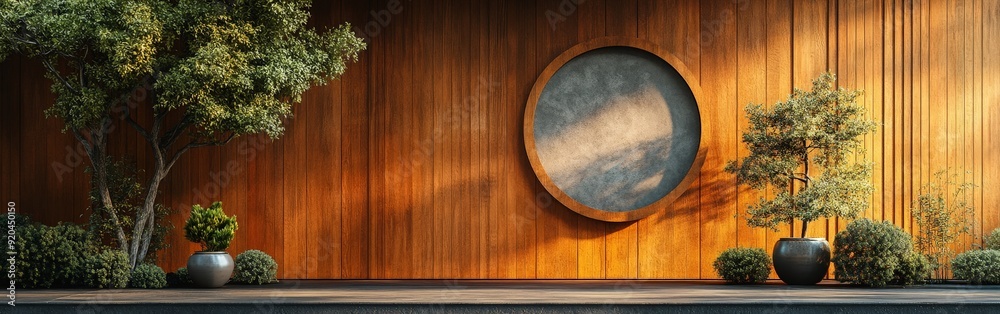 Stylish Wooden Wall Hosting Circular Signboard Stylish Wooden Wall Hosting Circular Signboard