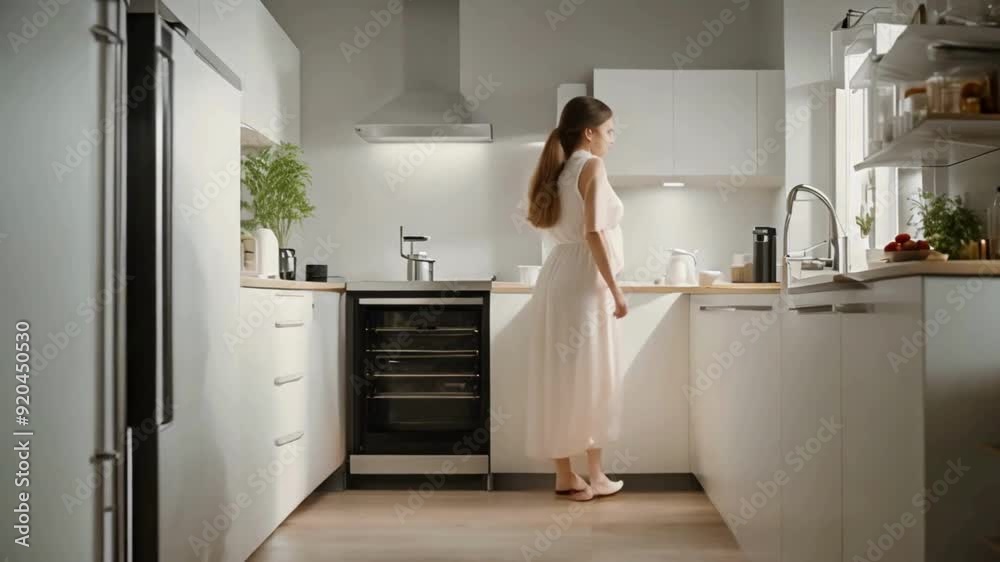 Positioned near an open refrigerator in the kitchen, a young woman faces away from the camera Positioned near an open refrigerator in the kitchen, a young woman faces away from the camera