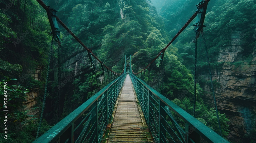 Obraz premium Suspension Bridge Through a Lush Green Canyon