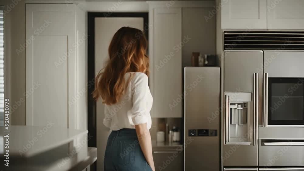 In the kitchen, a young woman stands with her back turned to the camera, adjacent to an open refrigerator In the kitchen, a young woman stands with her back turned to the camera, adjacent to an open refrigerator
