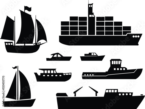 Ship and boat set water transport symbol. vessels for travel and transportation set of ship at sea, sail boats, yacht, passenger craft, cruiser and cargo ships Warship navy silhouettes set. photo