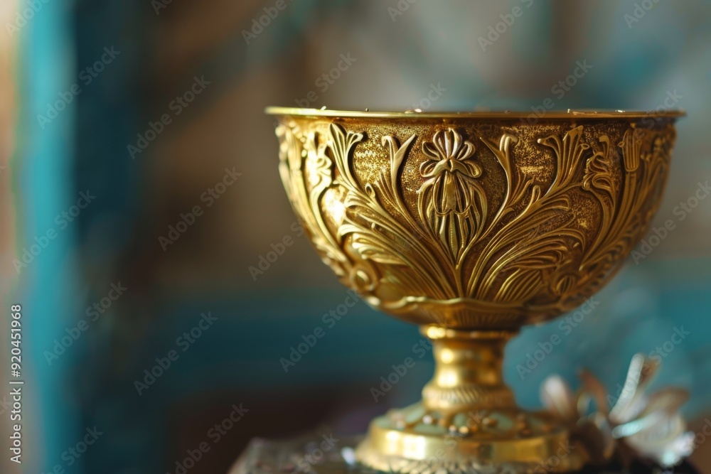 A gleaming gold trophy set against a rich blue backdrop, representing victory and excellence in competition, AI generated A gleaming gold trophy set against a rich blue backdrop, representing victory and excellence in competition, AI generated