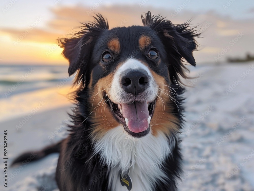 Fototapeta premium Australian shepherd dog on the beach at sunset. AI.