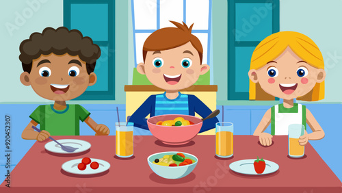 happy kids eating healthy vector art illustration