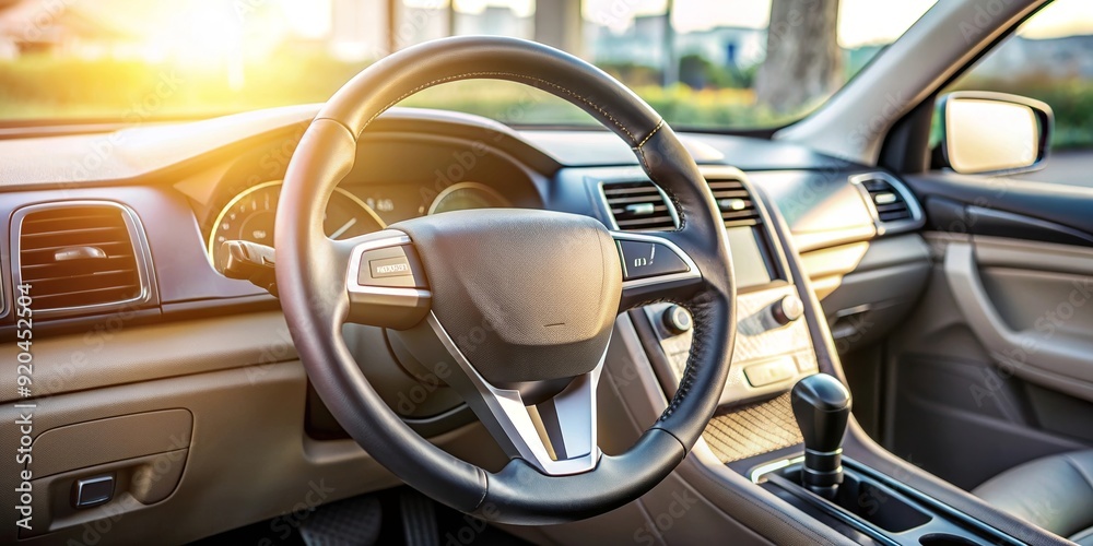 Close up of a car steering wheel in a modern vehicle, car, steering, wheel, control, driving, transportation Close up of a car steering wheel in a modern vehicle, car, steering, wheel, control, driving, transportation