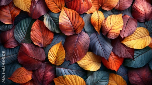 Colorful autumn leaves in various shades covering the ground during a sunny day in a forest