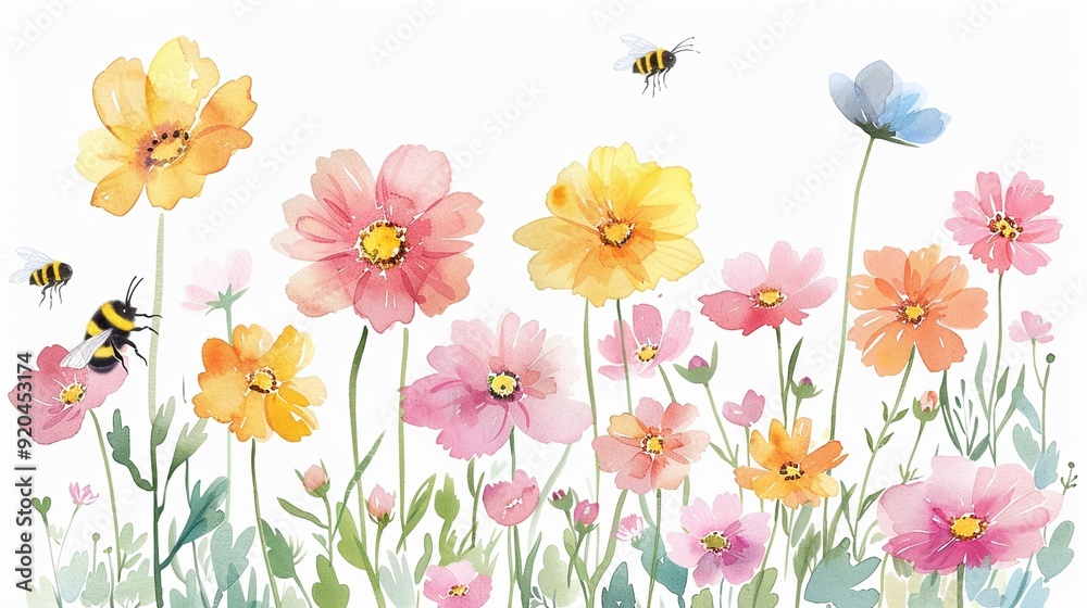 Bee in a garden of cosmos flowers,Clipart, watercolor illustration, Perfect for nursery art The style is hand drawn, white background Bee in a garden of cosmos flowers,Clipart, watercolor illustration, Perfect for nursery art The style is hand drawn, white background