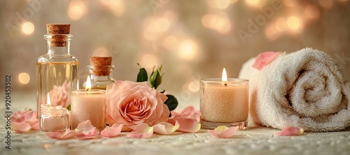 A tranquil spa setup featuring an arrangement of scented candles, soft pink rose petals