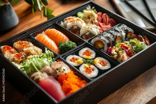 A meticulously arranged bento box displays various sushi types alongside pickled vegetables, creating a vibrant and appetizing culinary experience