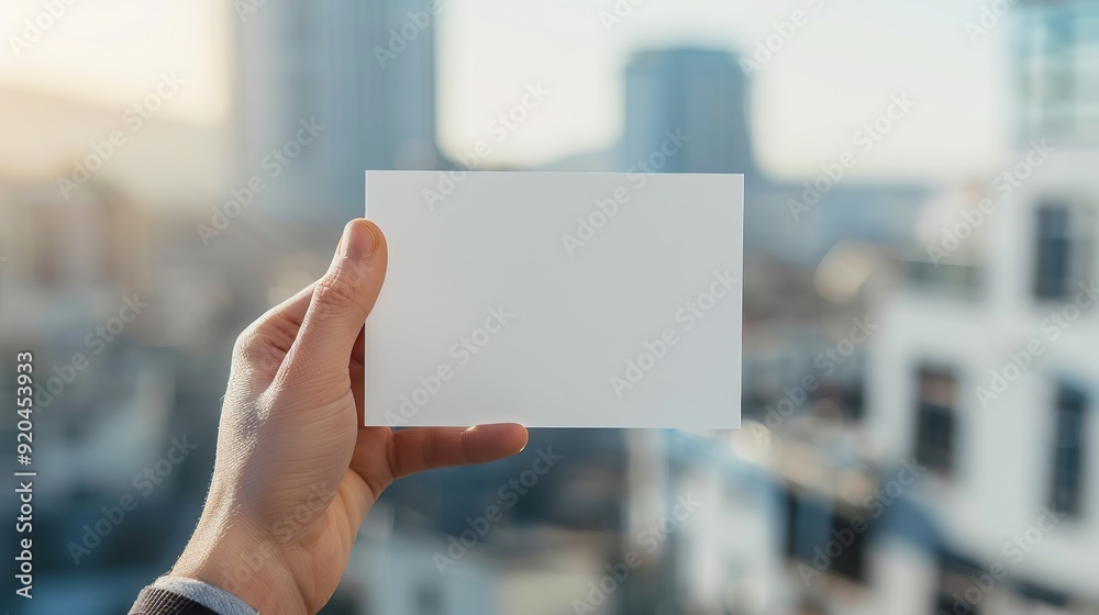 A hand holding a blank card in an urban setting