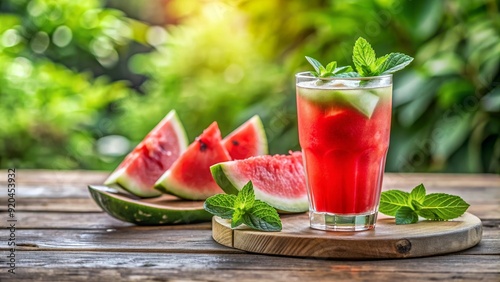 Refreshing watermelon mint mocktail served on a wooden table in a garden setting , watermelon, mint, mocktail, drink, refreshing photo