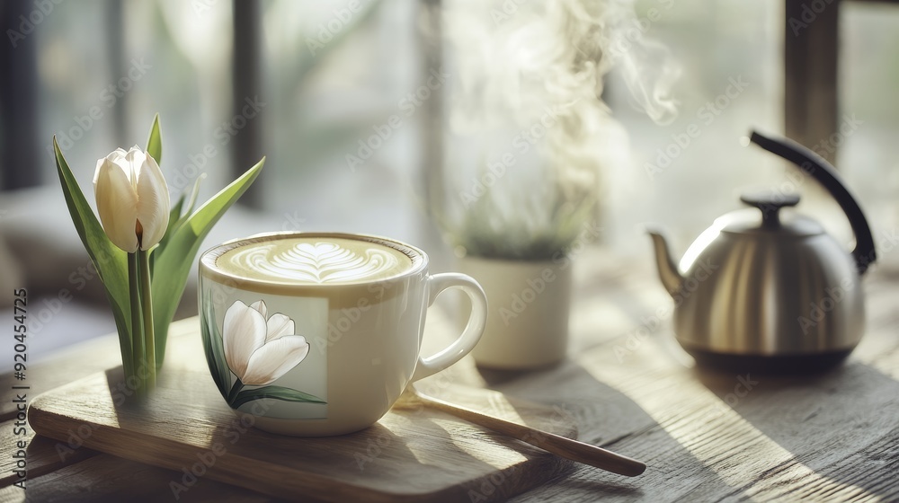 Coffee Latte Art with Tulip on Wooden Table Coffee Latte Art with Tulip on Wooden Table