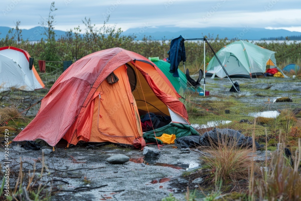 A landscape featuring multiple tents arranged in a field, suggesting a communal outdoor event or camping site, Tents and tarps set up in open spaces, AI generated A landscape featuring multiple tents arranged in a field, suggesting a communal outdoor event or camping site, Tents and tarps set up in open spaces, AI generated