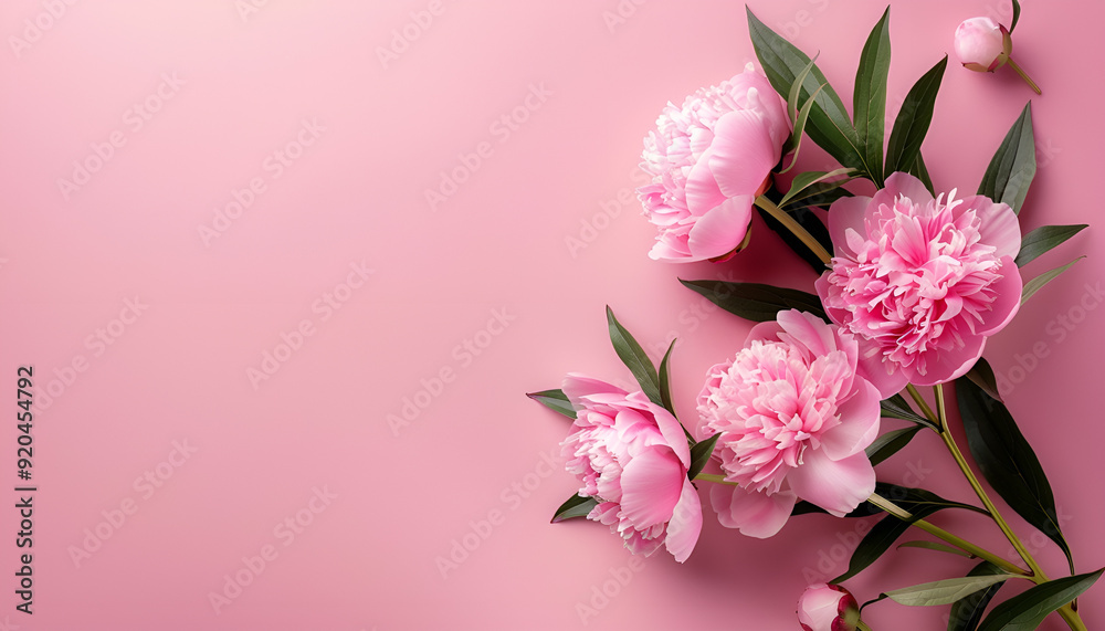 Tender peonies on pink background with copy space. Abstract natural floral frame layout with text space. Romantic feminine composition. Wedding invitation. International Women day, Mother Day concept Tender peonies on pink background with copy space. Abstract natural floral frame layout with text space. Romantic feminine composition. Wedding invitation. International Women day, Mother Day concept