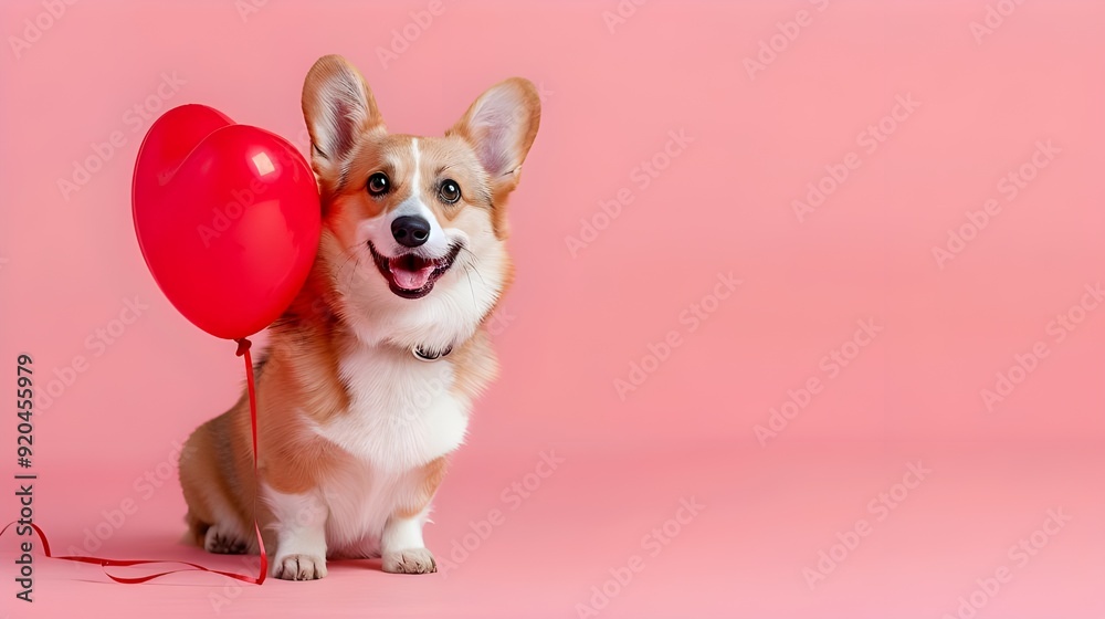 Cute funny pink monster holding a balloon, fun love and Valentine's day, funny kid birthday greeting card with copy space Cute funny pink monster holding a balloon, fun love and Valentine's day, funny kid birthday greeting card with copy space