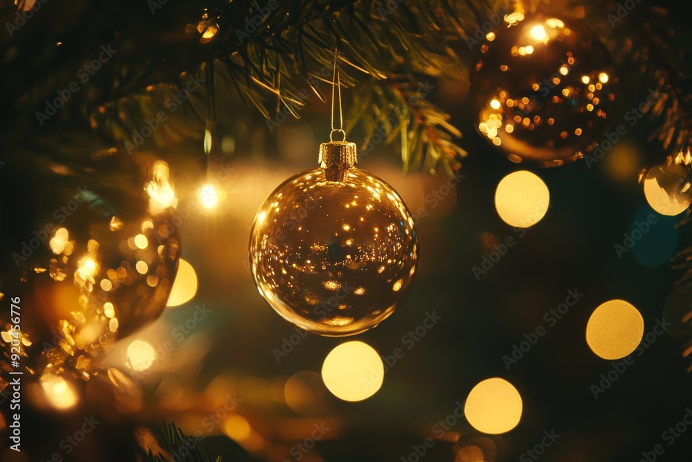 Merry Christmas Lights Shine on New Year's Eve, Winter Night Background with Festive Golden Confetti and Colorful Glass Orbs Tree Decorations. Merry Christmas Lights Shine on New Year's Eve, Winter Night Background with Festive Golden Confetti and Colorful Glass Orbs Tree Decorations.
