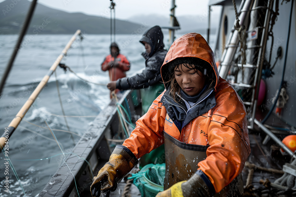 A female fisher dressed in an orange raincoat and gloves prepares fishing nets on a boat. The rainy weather and mountainous background emphasize the challenging nature of her occupation. A female fisher dressed in an orange raincoat and gloves prepares fishing nets on a boat. The rainy weather and mountainous background emphasize the challenging nature of her occupation.