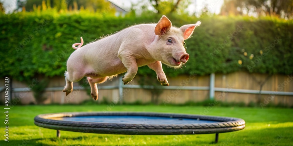 Funny pig jumping on trampoline in backyard with green lawn , pig, jumping, trampoline, backyard, green lawn, funny, playful Funny pig jumping on trampoline in backyard with green lawn , pig, jumping, trampoline, backyard, green lawn, funny, playful