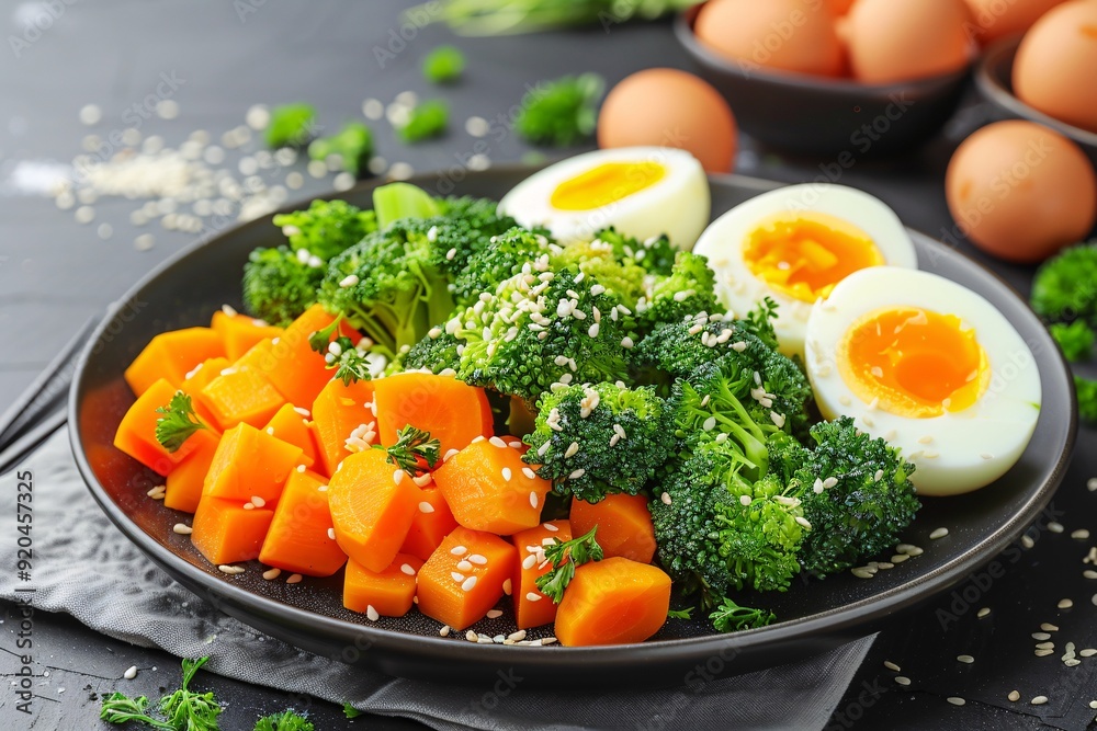 A medley of steamed vegetables and boiled eggs on a contrasting plate. A medley of steamed vegetables and boiled eggs on a contrasting plate.