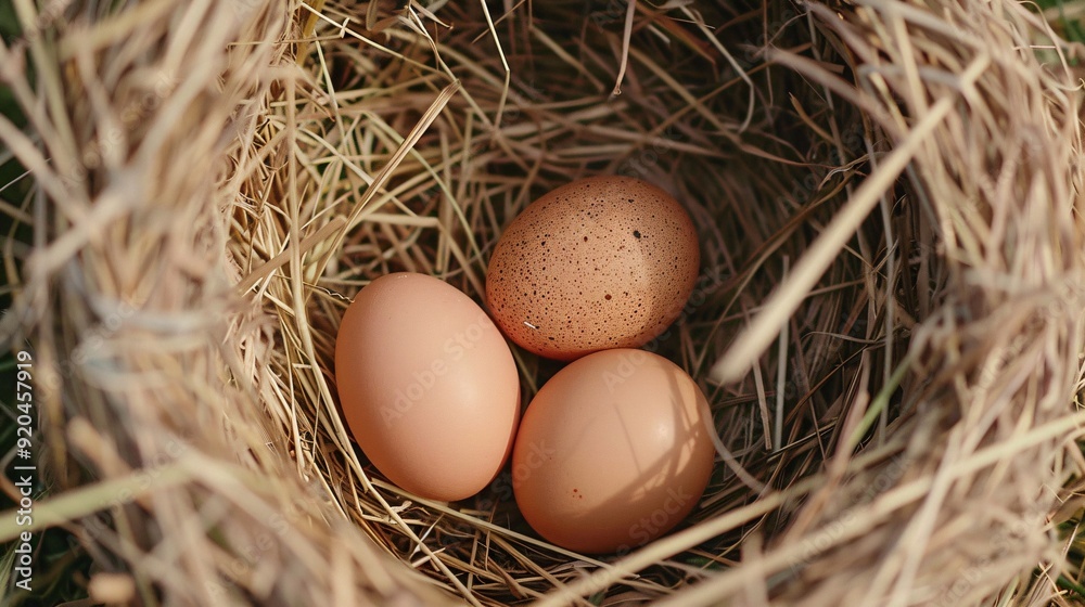 Three poultry eggs nestled in a bed of straw. Three poultry eggs nestled in a bed of straw.