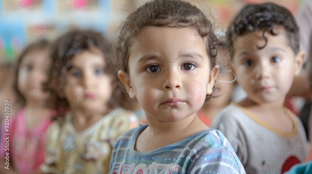 A group of children are standing in a line A group of children are standing in a line