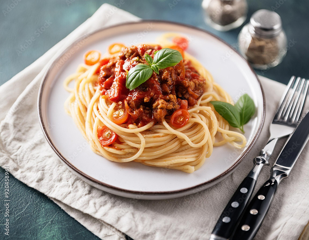 plate of spaghetti with tomatoes sauce and minced pork and fork on table plate of spaghetti with tomatoes sauce and minced pork and fork on table