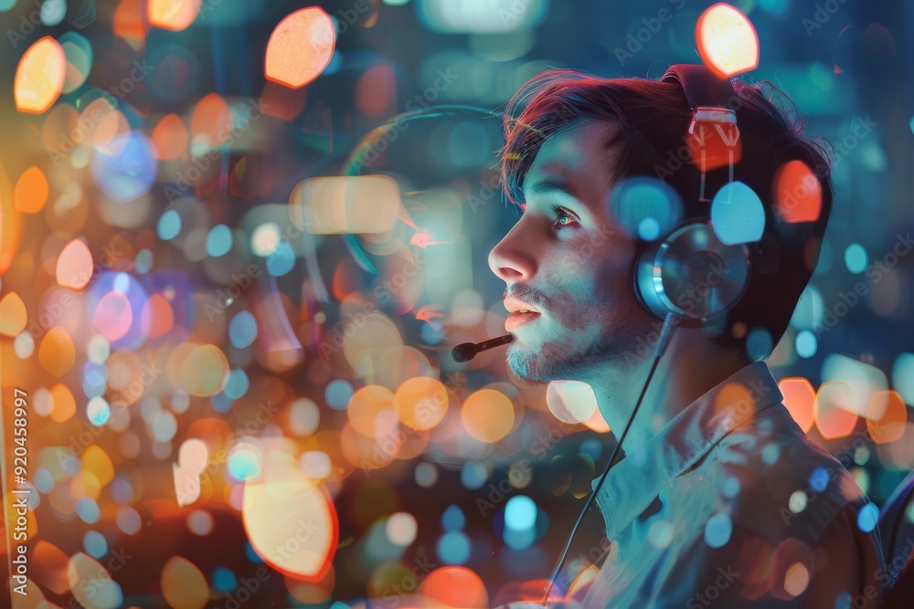 Supportive customer service agent offering assistance with a technical problem with bokeh effect, AI generated Supportive customer service agent offering assistance with a technical problem with bokeh effect, AI generated