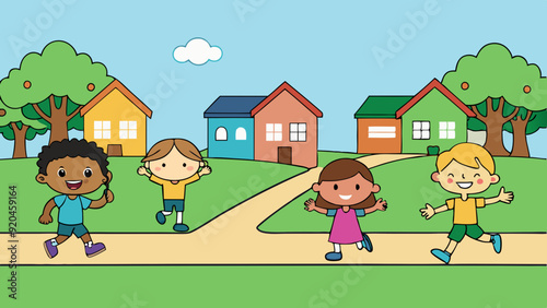 happy kids playing vector art illustration