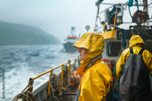 A female fisherwoman on a boat prepares to work on catching fish