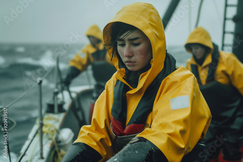 A female fisherwoman on a boat prepares to work on catching fish