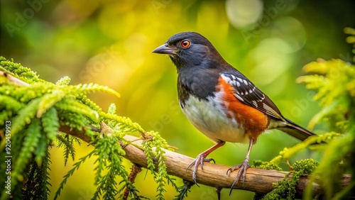 A perched spotted towhee showcases its distinctive white spots and rusty undertail coverts amidst a lush, verdant forest undergrowth with subtle warm light filtering through. photo