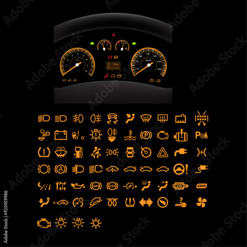 Collection of car dashboard panel indicators and icons in a yellow color with a dashboard