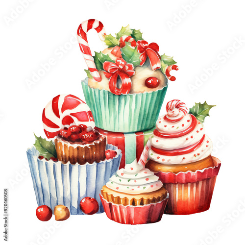 Watercolor Christmas Treats isolated on a transparent background, holiday season, Christmas Candy, Holiday Cupcakes, transparent PNG background  photo