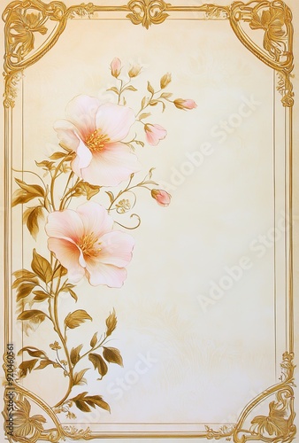 Art Nouveau, piece of picture paper with golden border and pink flowers 