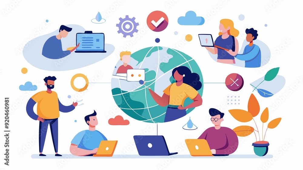 Fototapeta premium The team working together, connected through a digital network. It highlights the importance of clear communication and collaboration tools in fostering successful teamwork across borders.