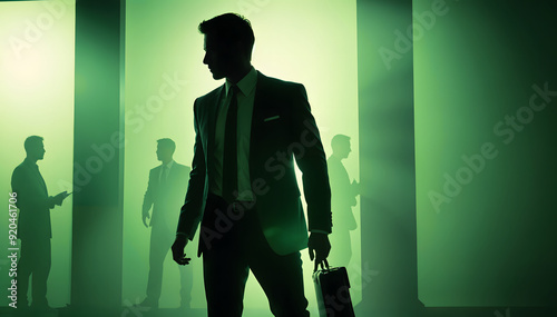Silhouette of Ambitious Business Leader in Suit and Tie on Green-Themed Background