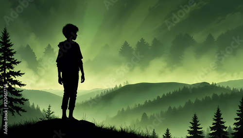 Silhouette of Young Adventurer Gazes at Misty Forest Landscape