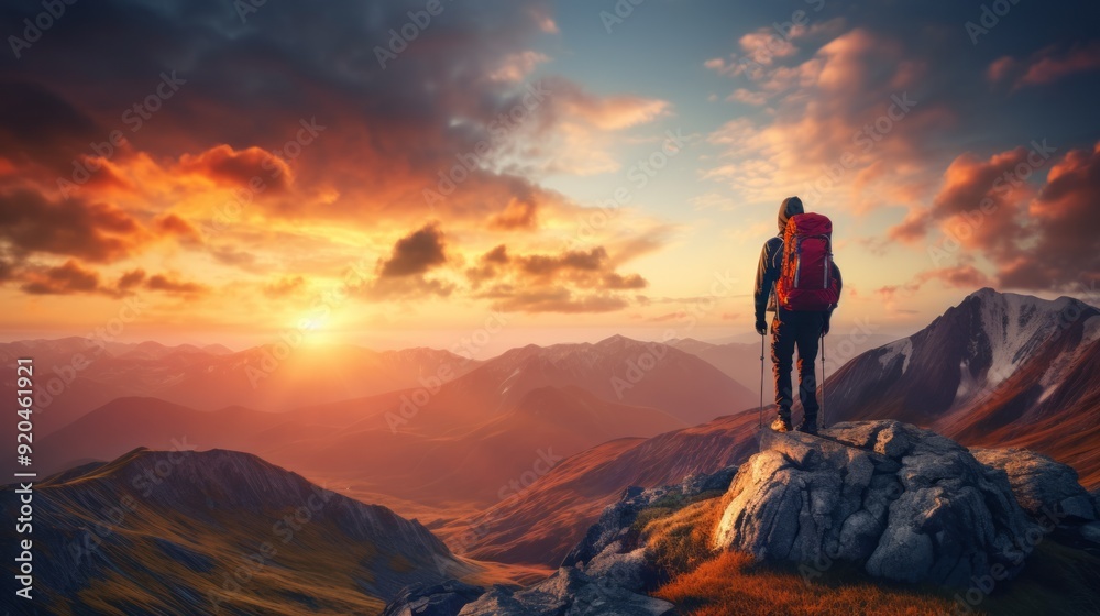 Hiker with backpack standing on a rock and enjoying sunset on mountains. Neural network ai generated art Hiker with backpack standing on a rock and enjoying sunset on mountains. Neural network ai generated art
