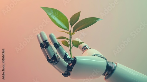 AIpowered robotic hand nurturing a small green plant, isolated on a pastel background, top view, more clarity with clear light and sharp focus, high detailed