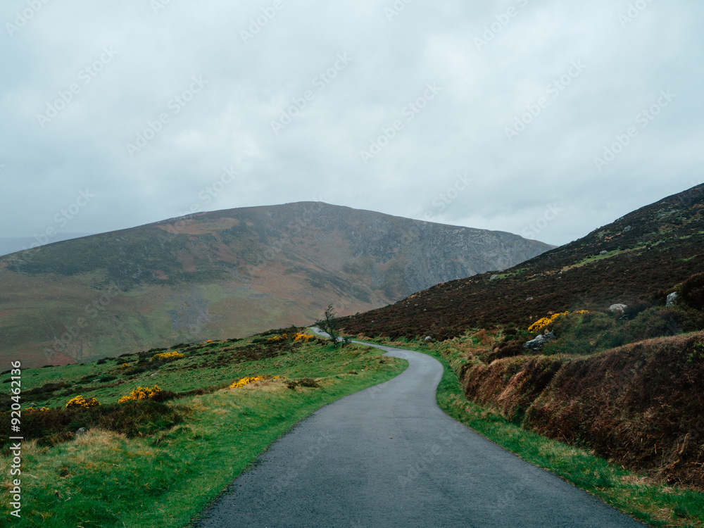 Winding Road Through Verdant Hills and Rocky Terrain in Overcast Weather Winding Road Through Verdant Hills and Rocky Terrain in Overcast Weather