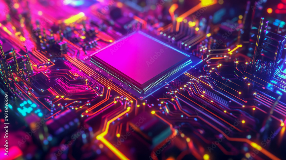 Fototapeta premium Cpu microchip processing data on a motherboard, glowing with vibrant neon lights, representing technological progress