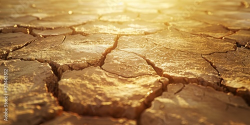 This image illustrates the severe impacts of drought, showing cracked land in golden light and emphasizing the urgent need to address climate change and its harmful effects on the ecosystem