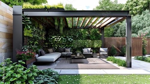 Contemporary patio with a green roof and vertical garden walls, Outdoor living space design, Innovative outdoor lounge