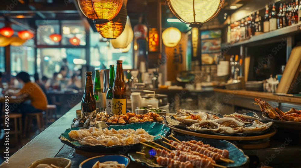 Plates of fresh seafood and grilled skewers are served on a bar in a busy japanese izakaya restaurant Plates of fresh seafood and grilled skewers are served on a bar in a busy japanese izakaya restaurant