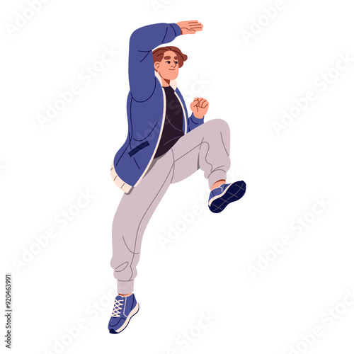 Young man hands up, jumps for joy. Happy guy rejoices at win. Boy is glad, has fun, celebrates success. Person with positive emotions, facial expressions. Flat isolated vector illustration on white