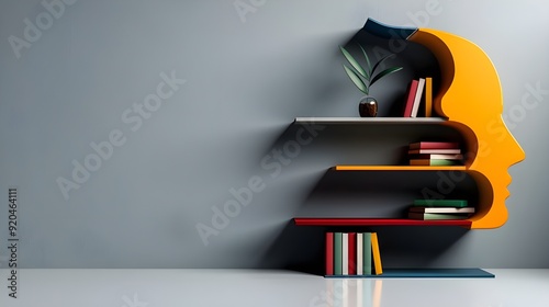 3D model of a vibrant bookcase shaped like a head with a grey backdrop; stock image from Unsplash with picture column style photo