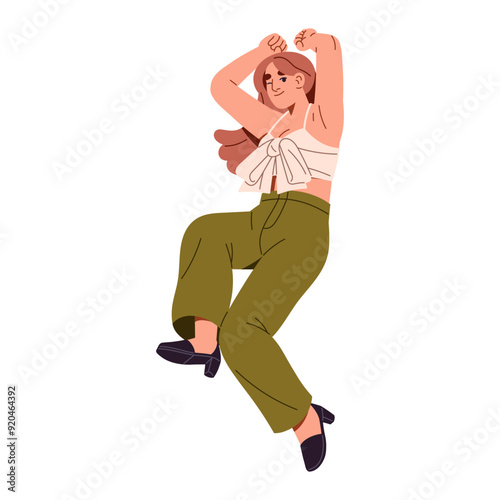 Young woman jumps for joy, winks, hands up. Happy employee rejoices at business success. Positive girl celebrates win, has fun for victory. Flat isolated vector illustration on white background